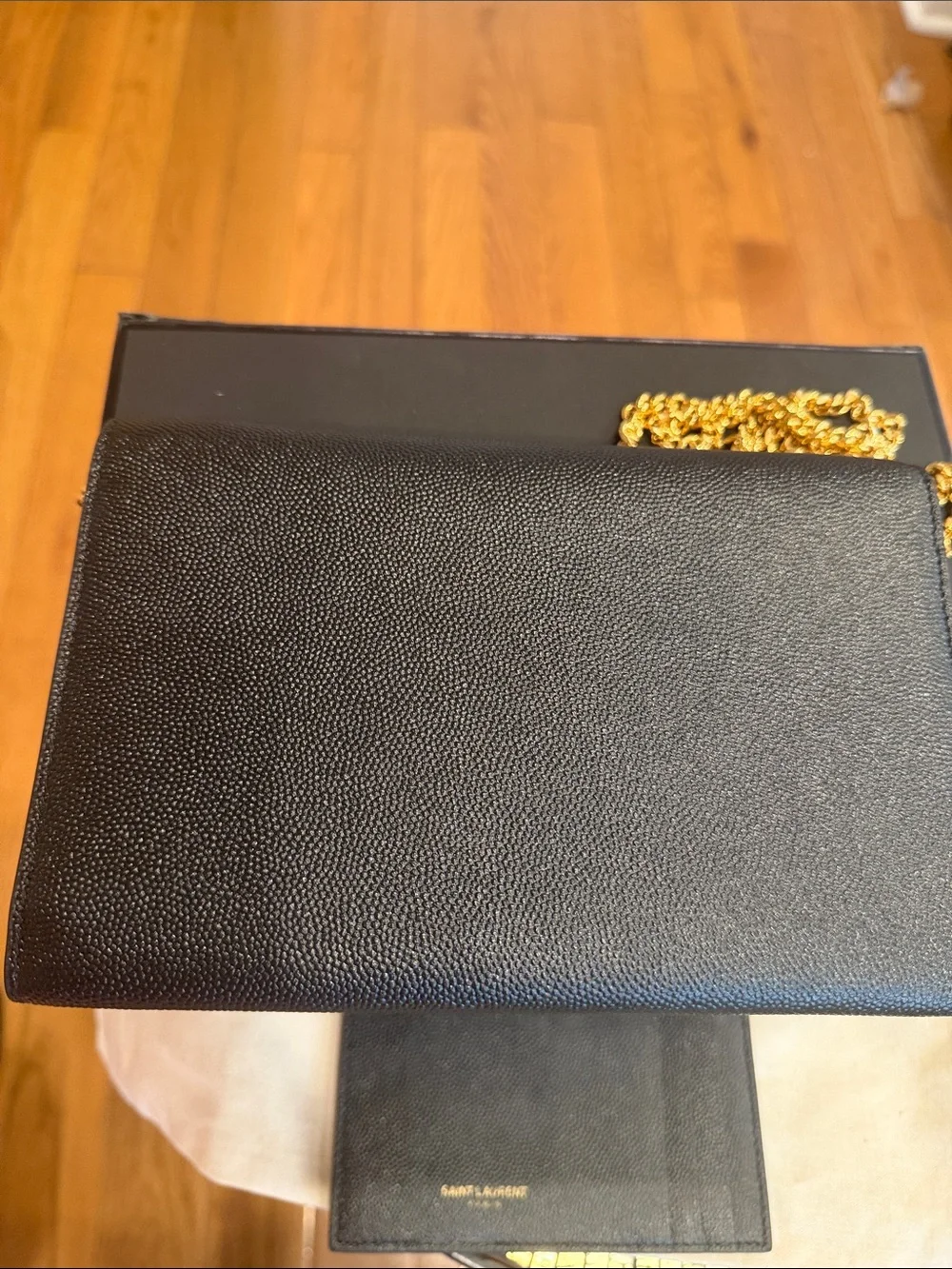 YSL Yves Saint Laurent Black Grain Leather Wallet-on-Chain with Gold Logo